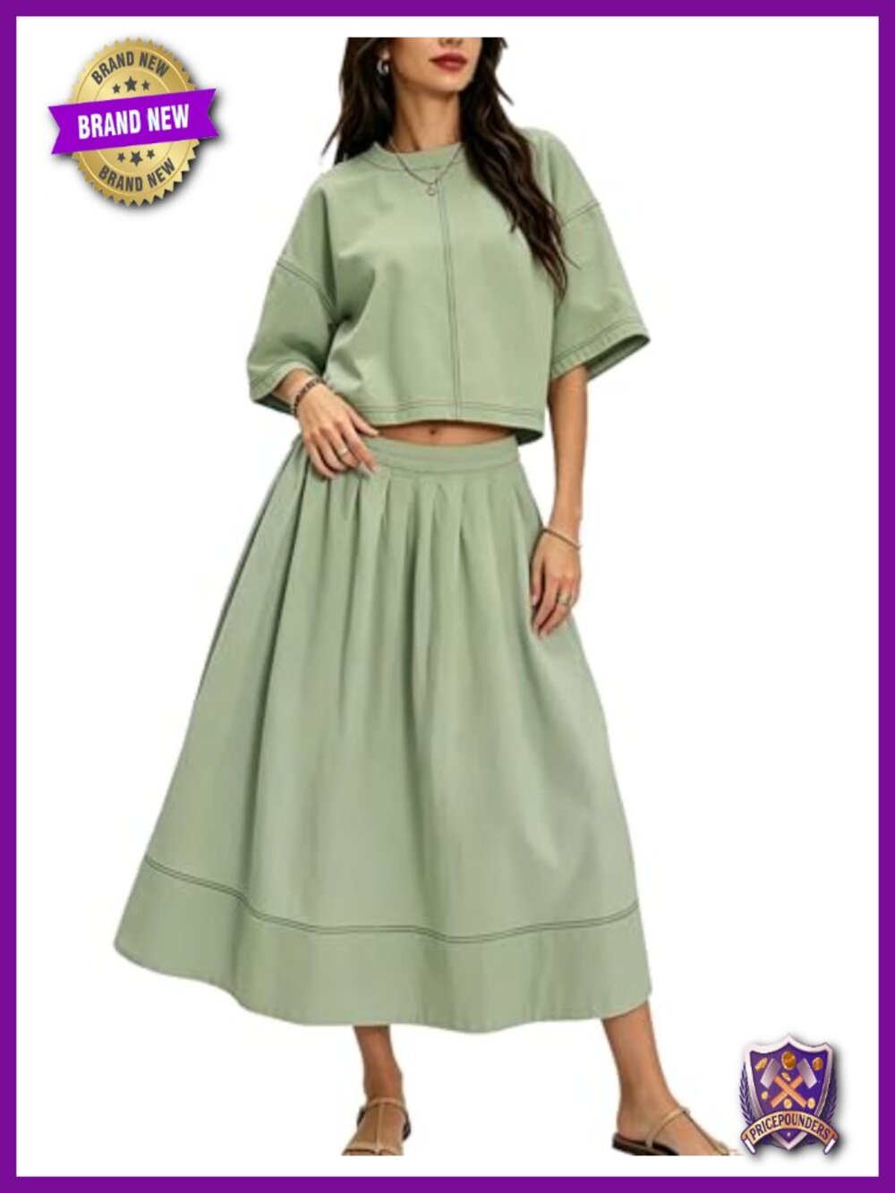 Womens 2 Piece Skirt Set Cotton Cropped Top Midi Pleated Skirt Casual Summer